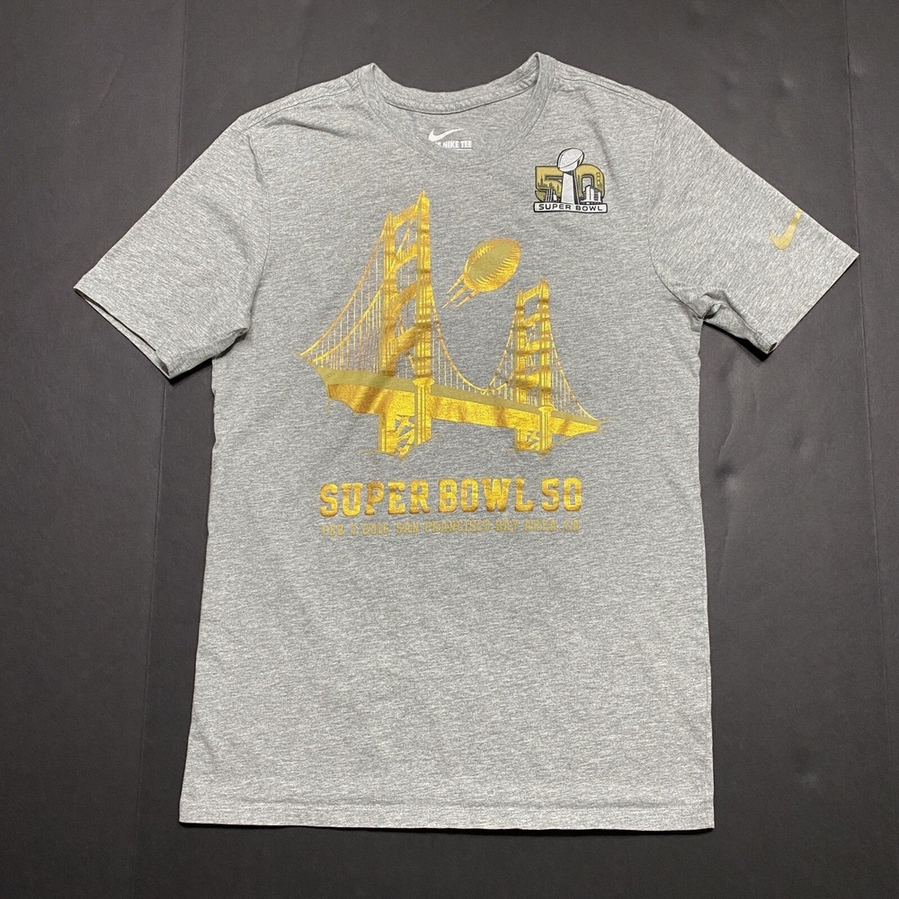 The Nike Tee Super Bowl 50 San Francisco Bay Area Mens T Shirt Size S‎ Gray Gold
